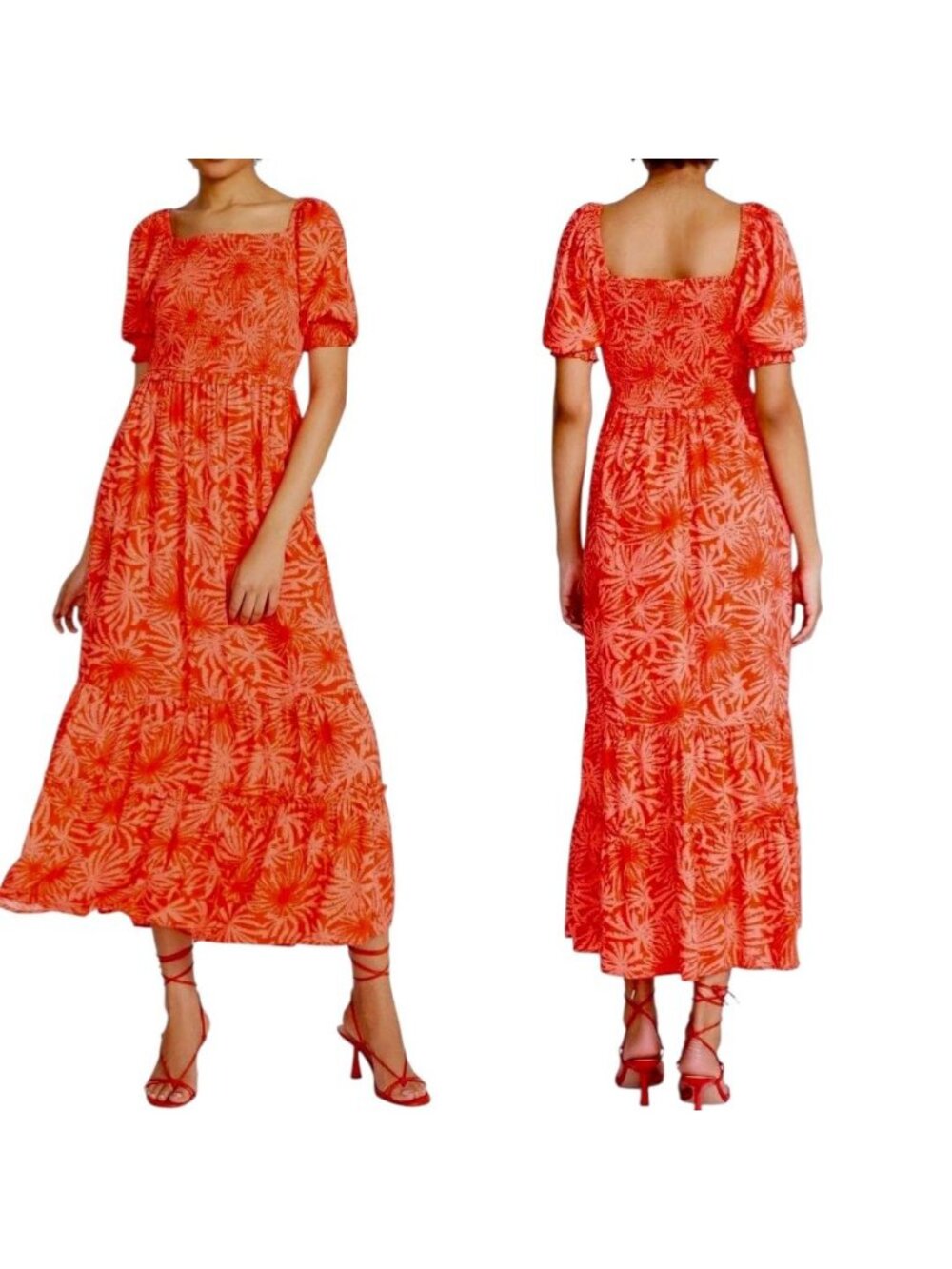 Betsey Johnson Palms of Paradise Orange Smocked Puff Sleeve Maxi Dress L